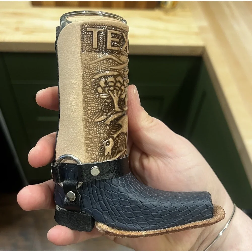 Unique Leather Boot Shot Glasses, Set Of 2, San‎ Antonio, Texas - Made In Mexico